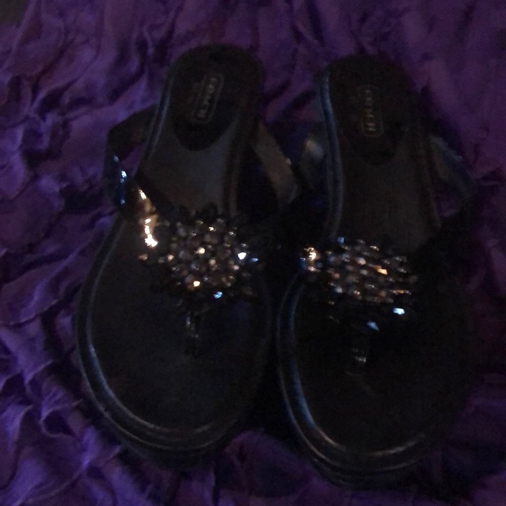 Coach 2 inch heel sandals with embellishments.